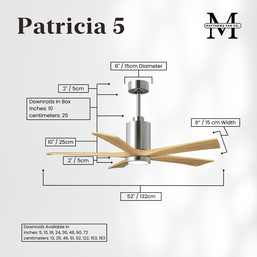 Matthews Patricia 5 52in LED Ceiling Fan | Polished Chrome and Light Maple Wood Blades | Living Room & Family Room | Model PA5-CR-LM-52