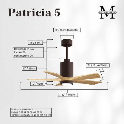 Matthews Fans Patricia 5 42in LED Ceiling Fan | Textured Bronze and Light Maple Solid Wood Blades | Bedroom & Covered Patio | Model PA5-TB-LM-42