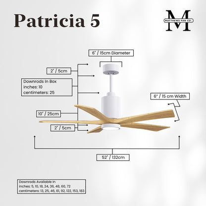 Matthews Fans Patricia-5 52in 5-Blade Ceiling Fan | Contemporary Gloss White and Light Maple Solid Wood | Living Rooms & Covered | Model PA5-WH-LM-52