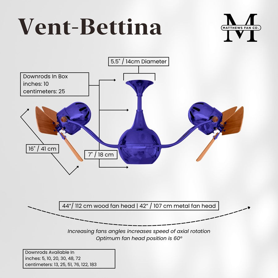 Matthews Fans Vent Bettina 44in 6-Blade Rotational Ceiling Fan | Contemporary Safira and Mahogany | Living Room & Covered Patio | Model VB-BLUE-WD