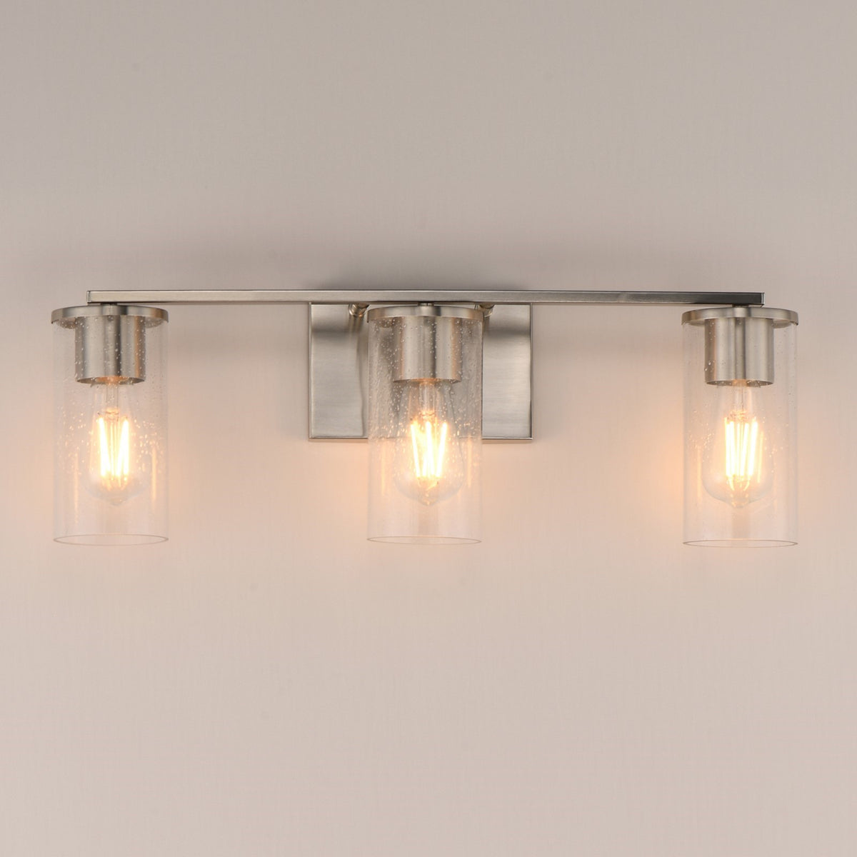 Maxim Livingston 23in 3-Light Bath Vanity | Modern Satin Nickel and Clear Seeded Glass | Bathroom Vanity & Powder Room | Model 10463CDSN