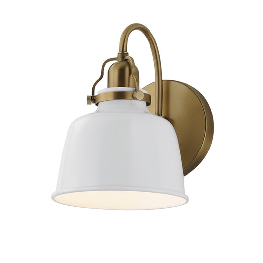 Maxim Hollis 9in 1-Light Wall Sconce | Farmhouse Natural Aged Brass and Glossy White Steel | Bathroom & Hallway | 6.75 x 9 in | Model 21421GWNAB