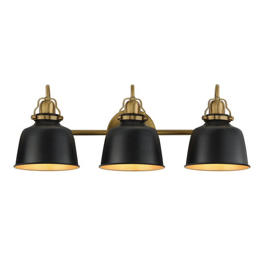 Maxim Hollis 24in 3-Light Wall Sconce | Farmhouse Natural Aged Brass and Glossy Black Steel | Bathroom & Hallway | 24 x 9 in | Model 21423BKNAB