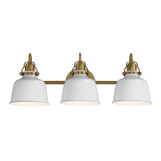 Maxim Hollis 24in 3-Light Wall Sconce | Farmhouse Natural Aged Brass and Glossy White Steel | Bathroom & Hallway | 24 x 9 in | Model 21423GWNAB