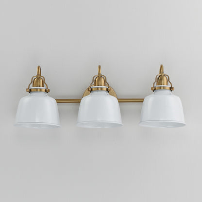 Maxim Hollis 24in 3-Light Wall Sconce | Farmhouse Natural Aged Brass and Glossy White Steel | Bathroom & Hallway | 24 x 9 in | Model 21423GWNAB