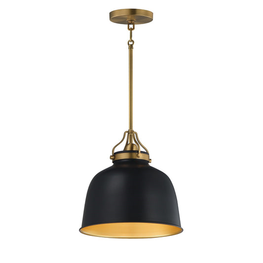 Maxim Lighting Hollis 12in 1-Light Pendant | Farmhouse Natural Aged Brass and Glossy Black Steel | Kitchen Island & Dining Room | Model 21424BKNAB