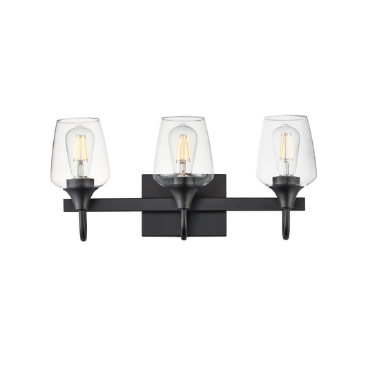 Maxim Lighting Goblet 20in 3-Light Vanity Light | Modern Black and Clear Glass | Bathroom Vanity & Powder Room | 20.25 x 8.75 in | Model 26133CLBK