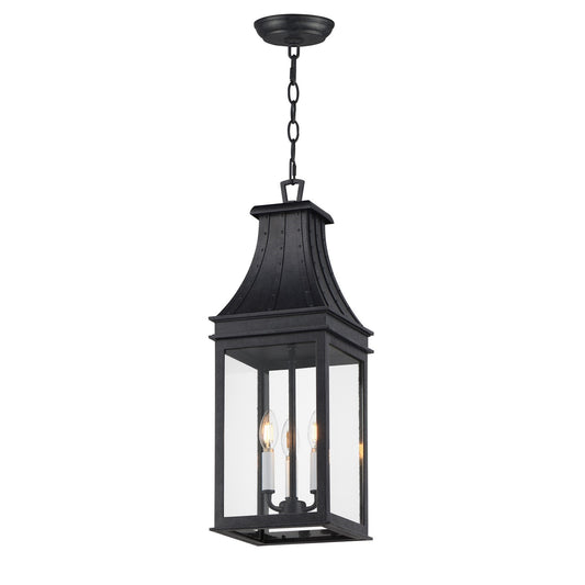 Maxim Lighting Bramwell VX 9in 3-Light Outdoor Pendant | Traditional Black Patina and Textured Clear Glass | Covered Patio & Porch | Model 40987TCBKP