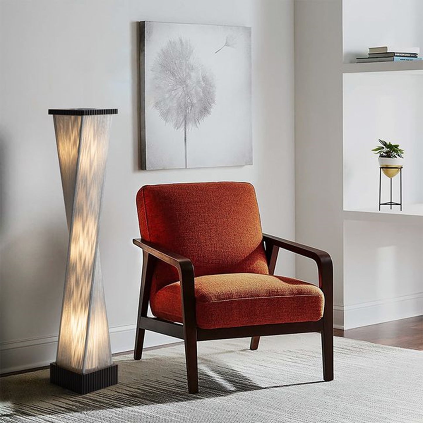 Nova California Torque 9in 3-Light Floor Lamp | Mid-Century Modern Ebony Wood and Silver Fabric String | Living Room & Bedroom | Model 10039DB