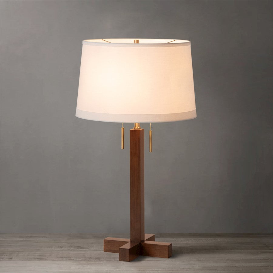 Nova California Swiss Cross 1-Light Table Lamp | Mid-Century Dark Walnut Wood and Weathered Brass with White Linen Shade | Living | Model 1010250DW