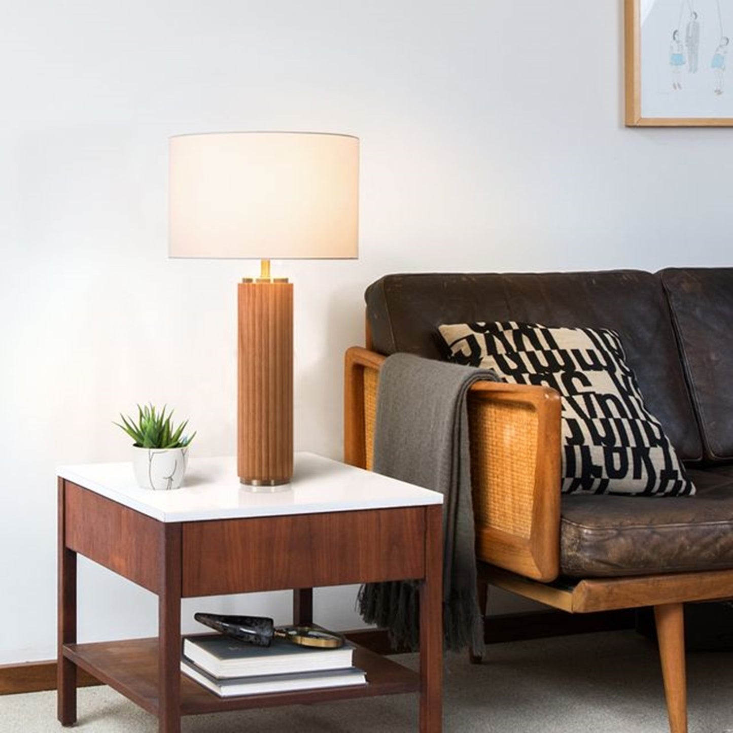 Nova California Tambo 31in 1-Light Table Lamp | Mid-Century Modern Light Ash Wood and Weathered Brass White Linen | Living Room & | Model 1010832LW