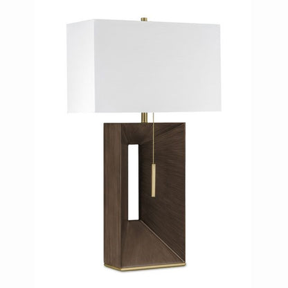 Nova California Parallux 18in 1-Light Table Lamp | Mid-Century Modern Espresso Wood and Weathered Brass White Linen | Living Room & | Model 1011095WB
