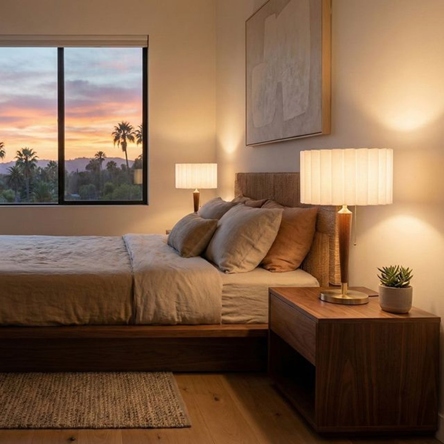 Nova California Scalloped 31in Table Lamp | Mid-Century Modern Weathered Brass and Walnut with White Linen Pleated Shade | Living | Model 1011802WB