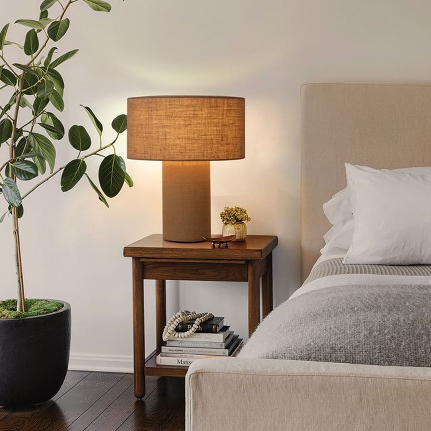 Nova California Moonlight 24in 1-Light Table Lamp | Contemporary Beige Burlap and Marble Base | Living Room & Bedroom | Model 1018593