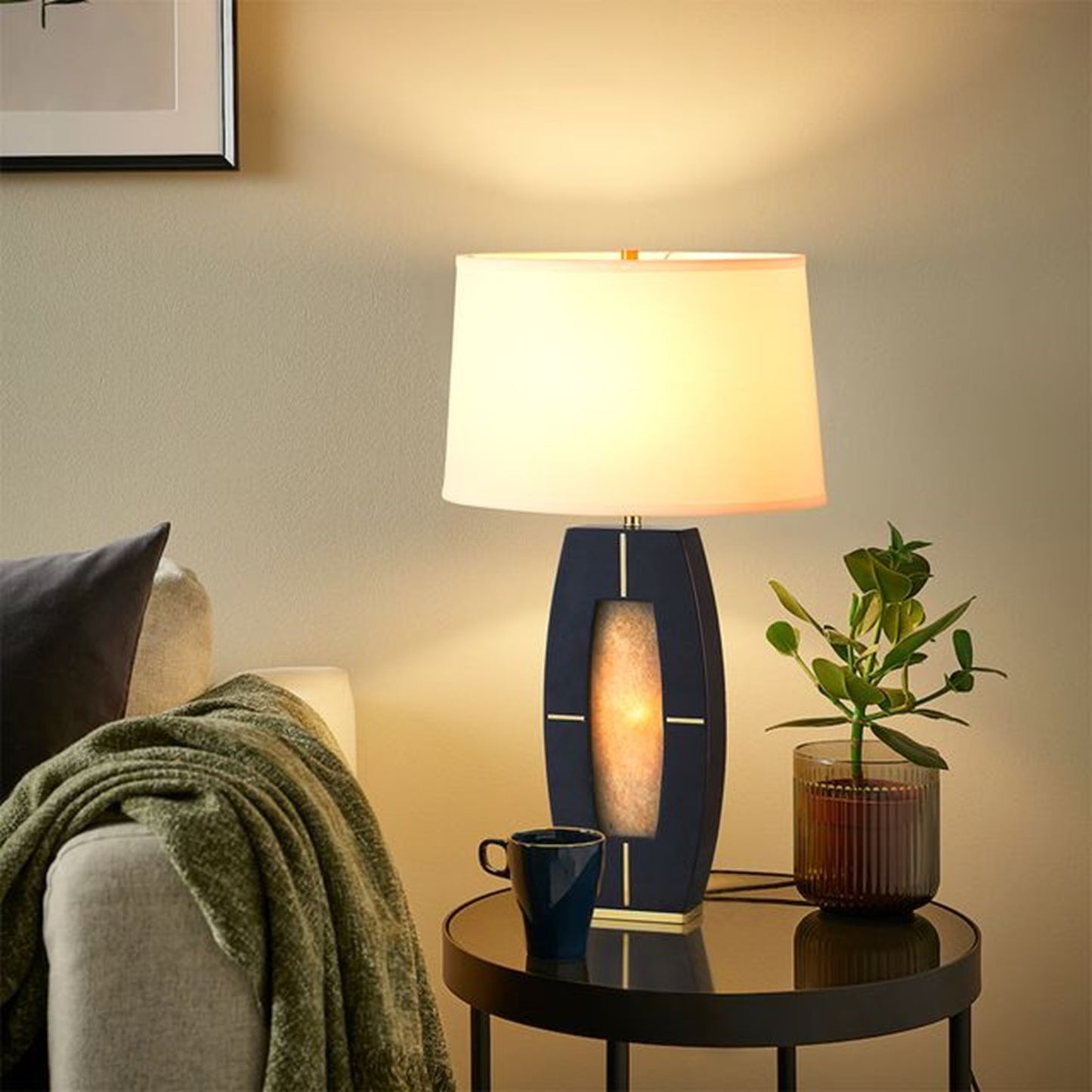 Nova California Delacey 17in 2-Light Table Lamp | Mid-Century Modern Ebony Wood and Weathered Brass White Linen | Living Room & | Model 1030773B