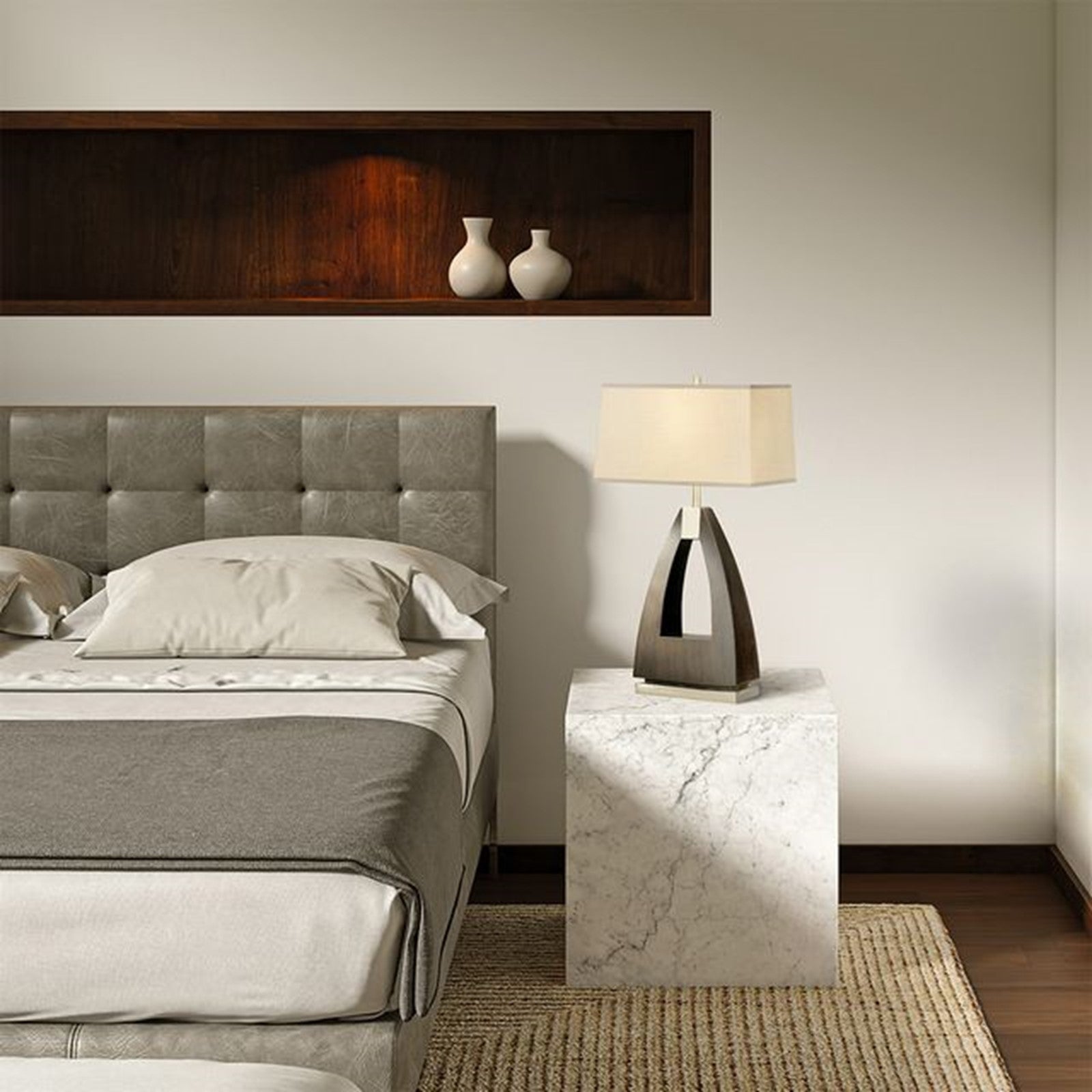 Nova California Trina Table Lamp | Contemporary Pecan Wood and Brushed Nickel with White Linen Shade | Living Room & Bedroom | 30in H | Model 10392