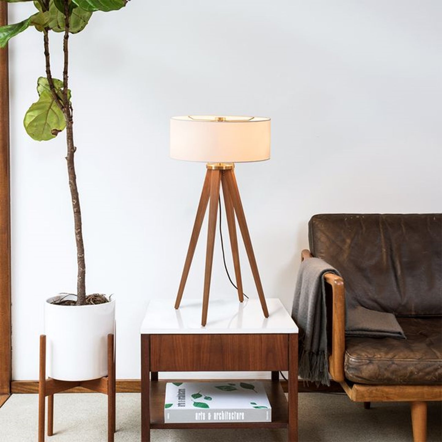 Nova California Quattro 16in 1-Light Table Lamp | Mid-Century Modern Natural Ash Wood and Weathered Brass White Linen | Living Room & | Model 10859LW