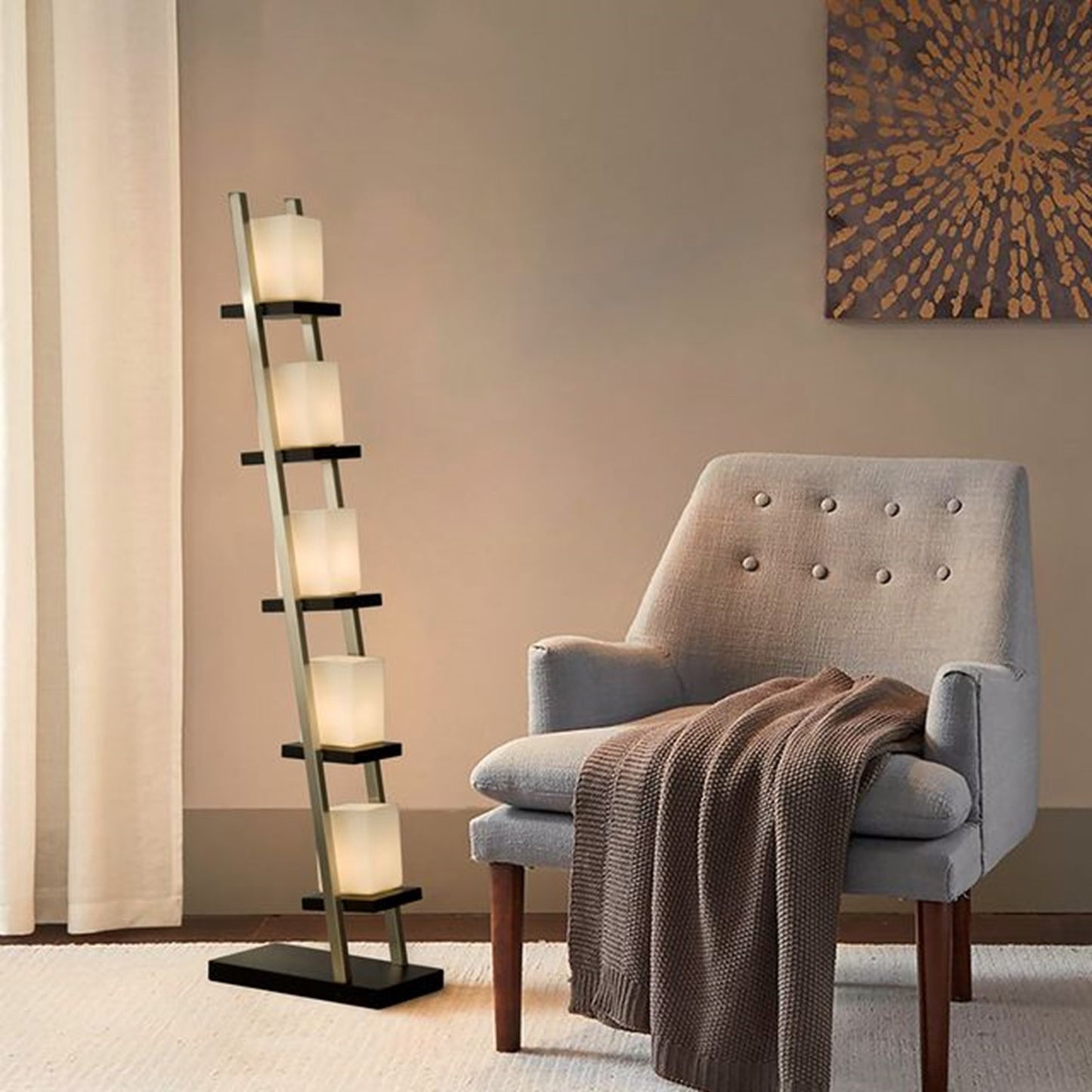 Nova California Escalier 61in 5-Light Floor Lamp | Contemporary Espresso/Brushed Nickel White Glass | Living Room & Office | Model 11815