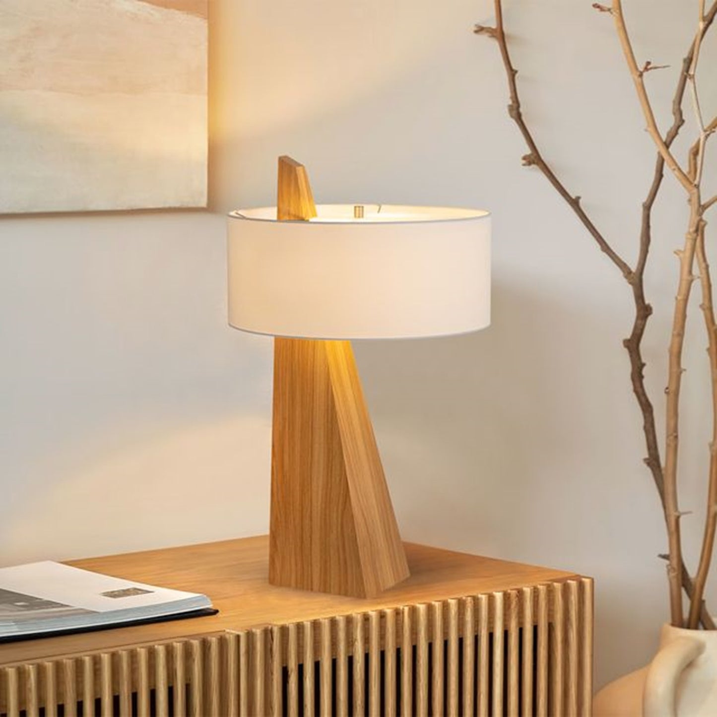 Nova California Obelisk 31in 1-Light Table Lamp | Mid-Century Modern Natural Ash Wood and White Linen Shade | Living Room & Office | Model 11889LW
