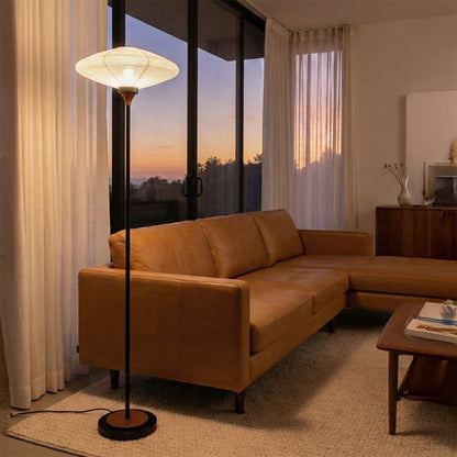 Nova California Roswell 70in Torchiere Floor Lamp | Mid-Century Matte Black and White Linen | Living Room & Bedroom Ambient Light | Model 15010833MB
