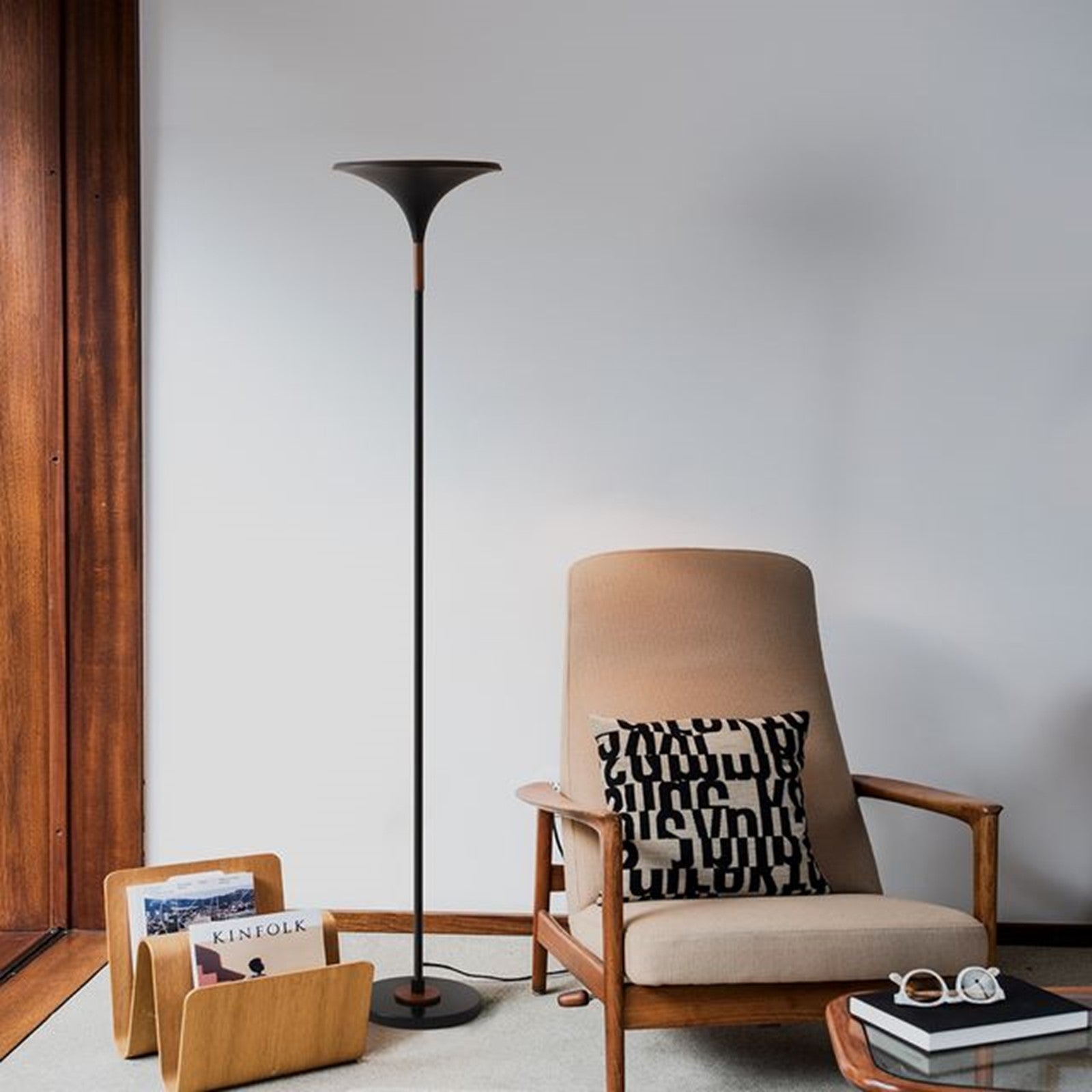 Nova California Lodi 72in 1-Light Torchiere Floor Lamp | Mid-Century Matte Black and Gold Leaf Metal Shade | Living Room & Den | Model 1510500MB