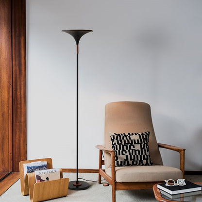 Nova California Lodi 72in 1-Light Torchiere Floor Lamp | Mid-Century Matte Black and Gold Leaf Metal Shade | Living Room & Den | Model 1510500MB