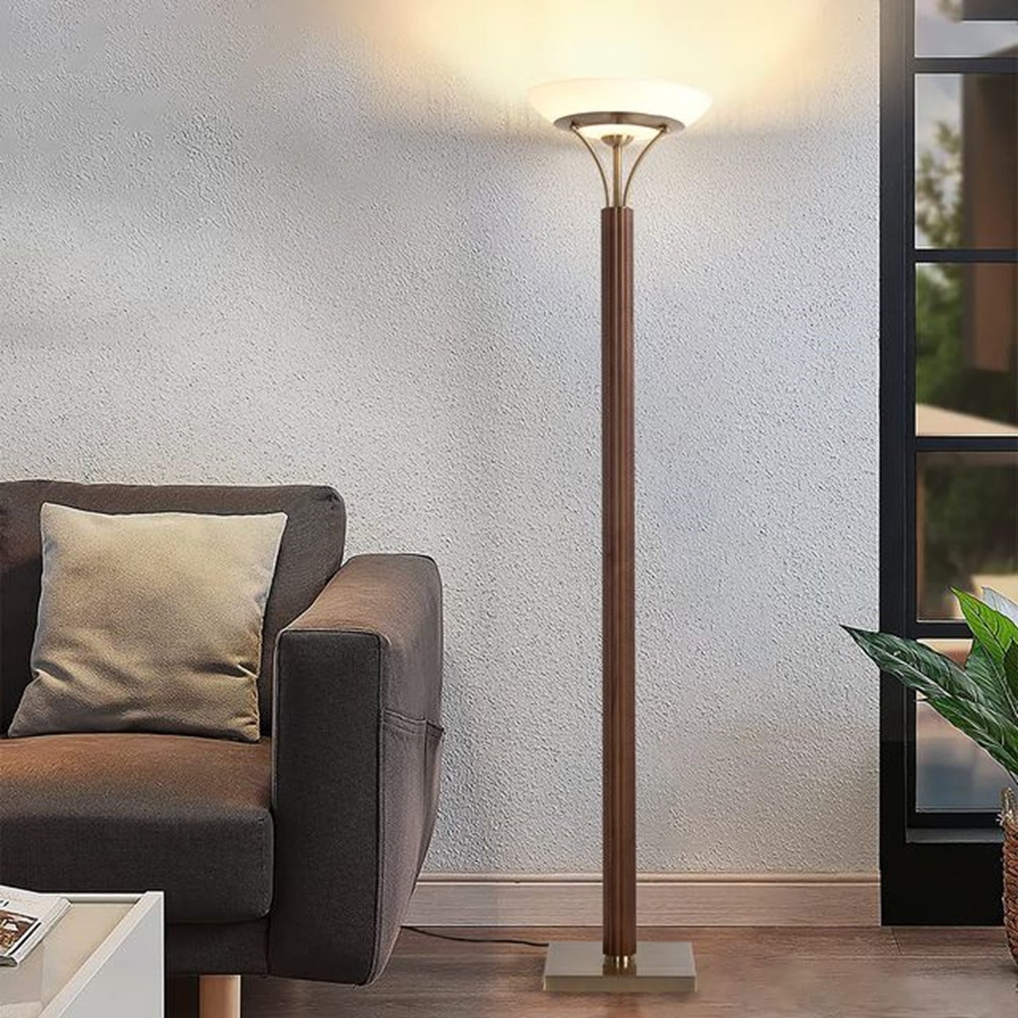Nova California Tambo 72in Torchiere Floor Lamp | Mid-Century Dark Walnut Wood and Weathered Brass with Opal Glass | Living Room & | Model 1510832DB