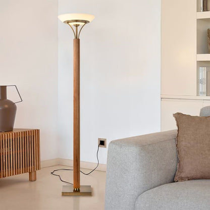 Nova California Tambo 72in 1-Light Torchiere Floor Lamp | Mid-Century Natural Ash Wood and Weathered Brass Opal Glass | Living Room | Model 1510832LW