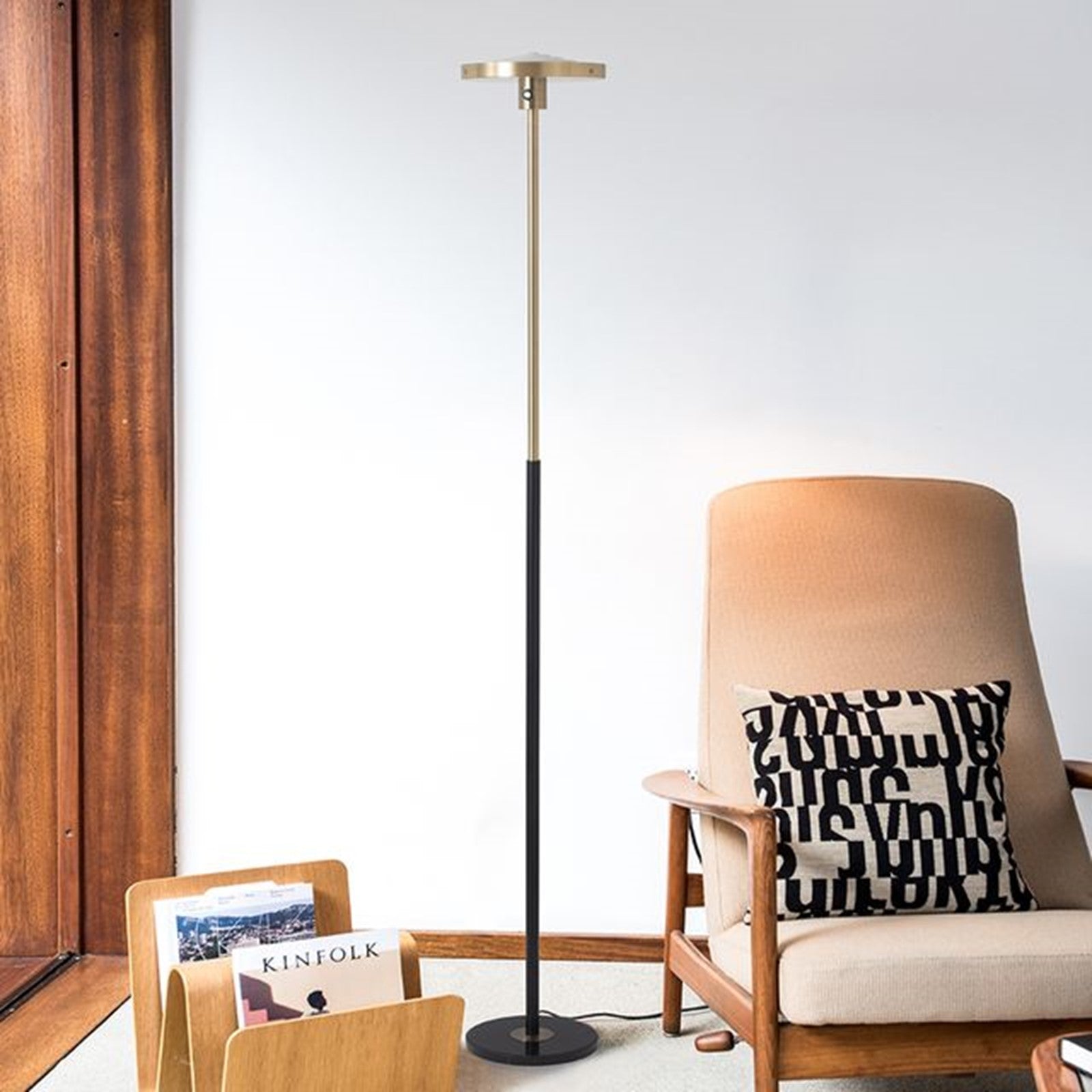 Nova California Redondo 10in 1-Light Torchiere Floor Lamp | Mid-Century Modern Matte Black and Weathered Brass Black Marble | Model 1517740MB