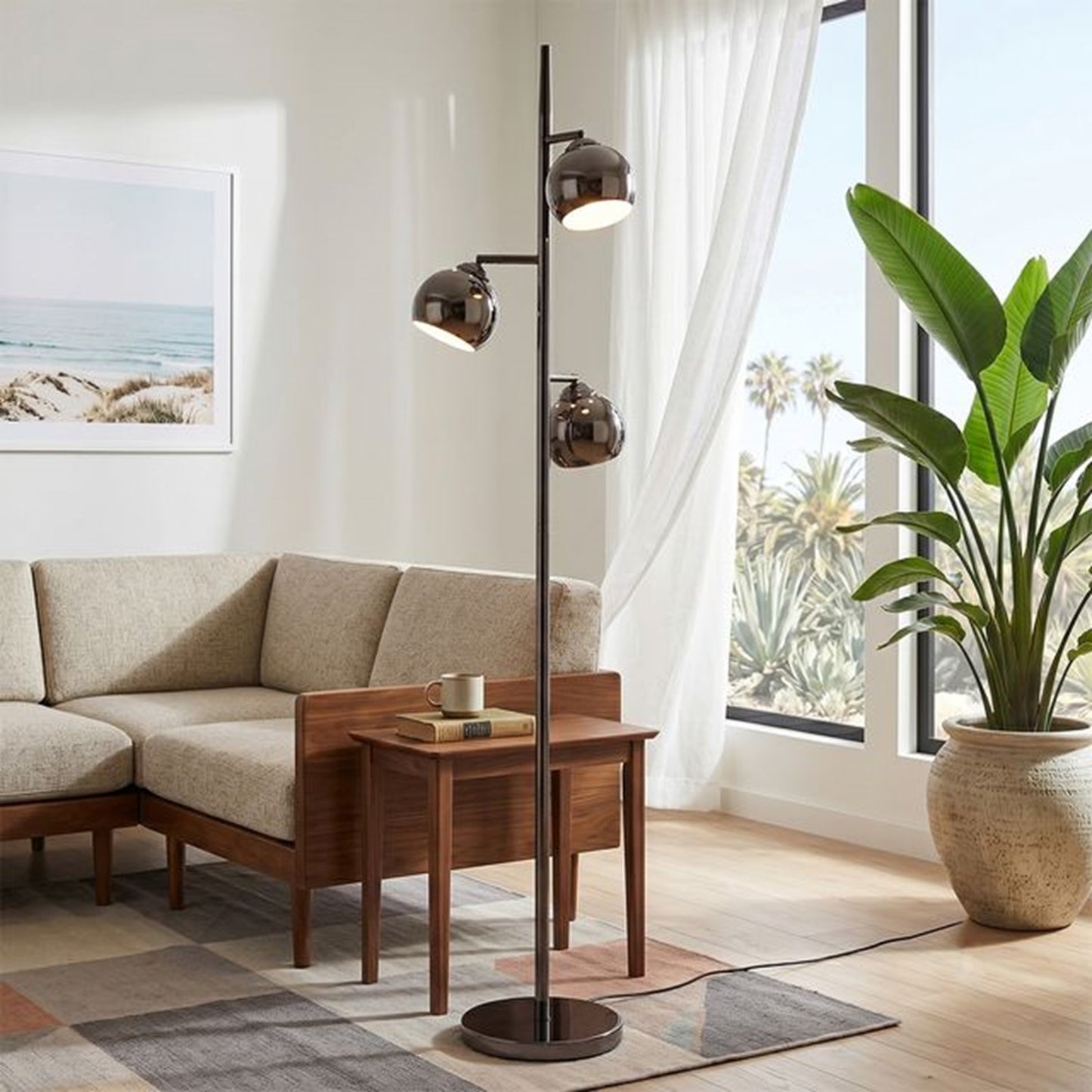 Nova California Triplet 61in 3-Light Tree Floor Lamp | Mid-Century Modern Black Nickel Steel and Black Marble Base | Living Room & | Model 1610800BN