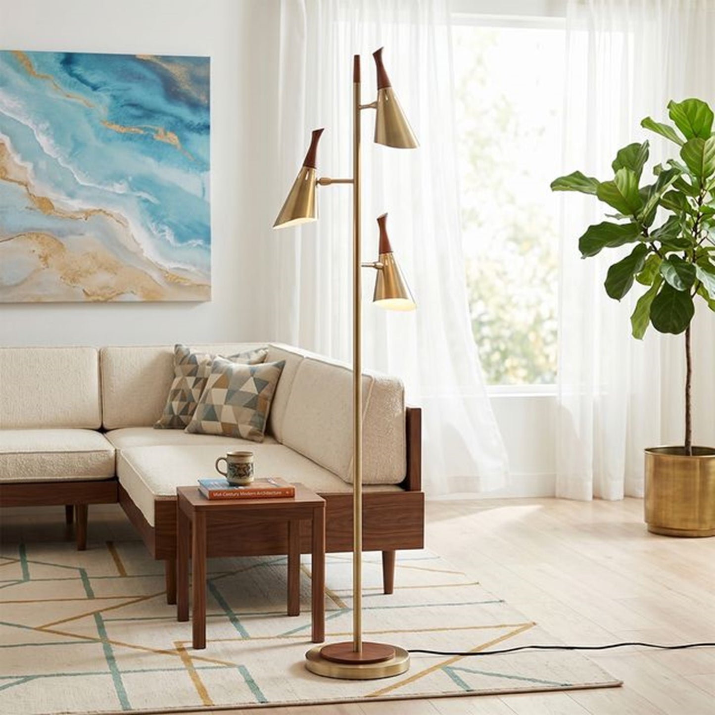 Nova California Encinitas 67in 3-Light Tree Floor Lamp | Mid-Century Weathered Brass Steel | Living Room & Office | 22 x 22 x 67 in | Model 1613807WB