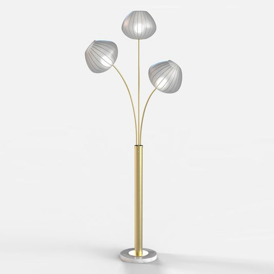 Nova California Bloom 72in 3-Light Arc Floor Lamp | Mid-Century Weathered Brass and White Satin Fabric | Living Room & Lounge | Model 2010799WB