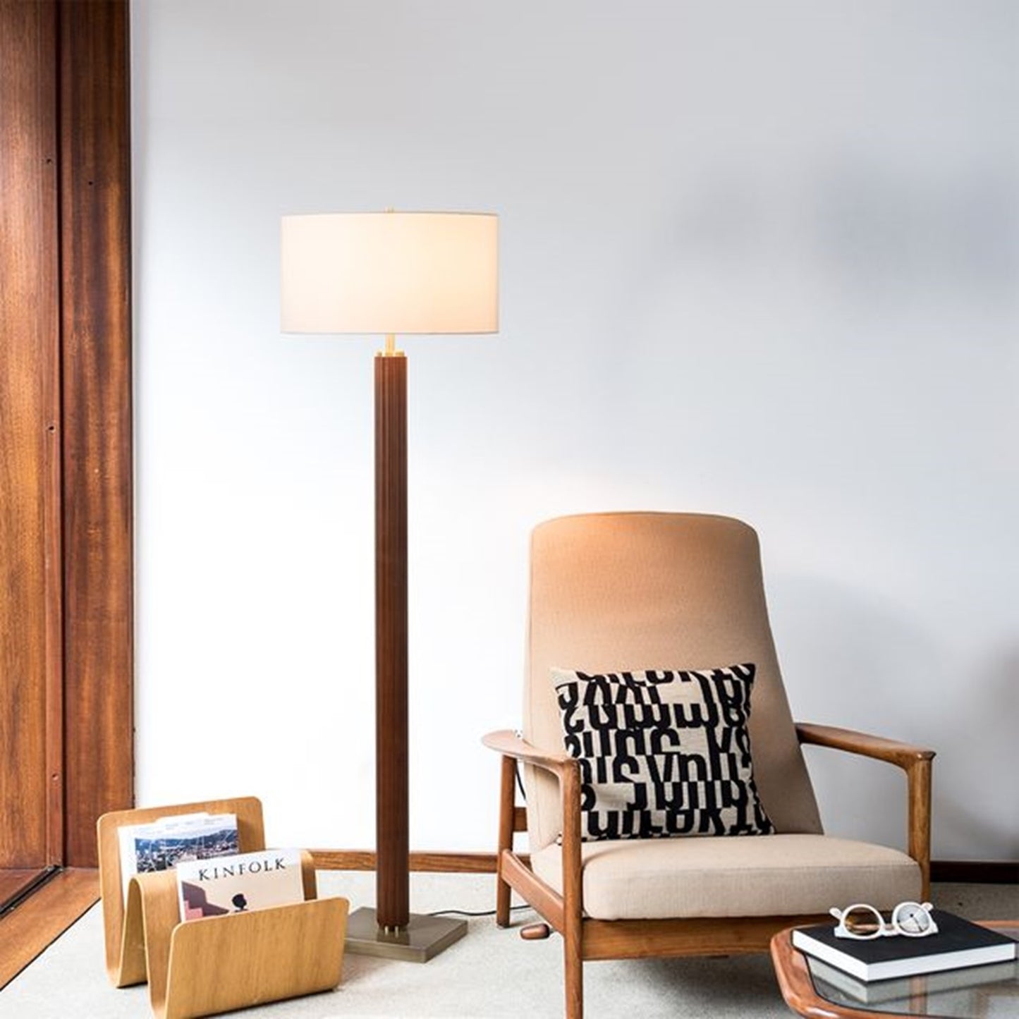Nova California Tambo 62in 1-Light Floor Lamp | Dark Walnut Wood and Weathered Brass with White Linen Shade | Living Room & Bedroom | Model 2010832DW