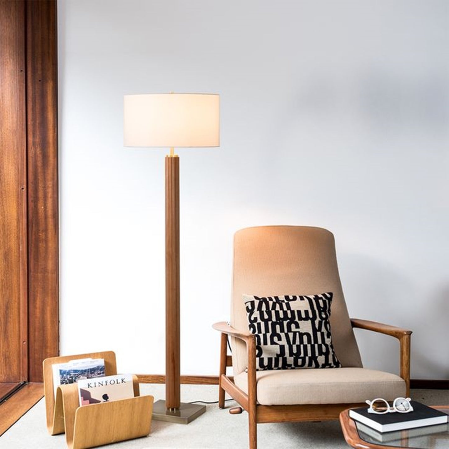 Nova California Tambo 62in 1-Light Floor Lamp | Mid-Century Modern Natural Ash Wood and Weathered Brass with White Linen Shade | Model 2010832LW