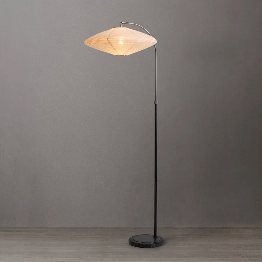 Nova California Roswell 62in 1-Light Floor Lamp | Mid-Century Modern Matte Black and White Linen Orb Shade | Living Room & Bedroom | Model 2010833MB
