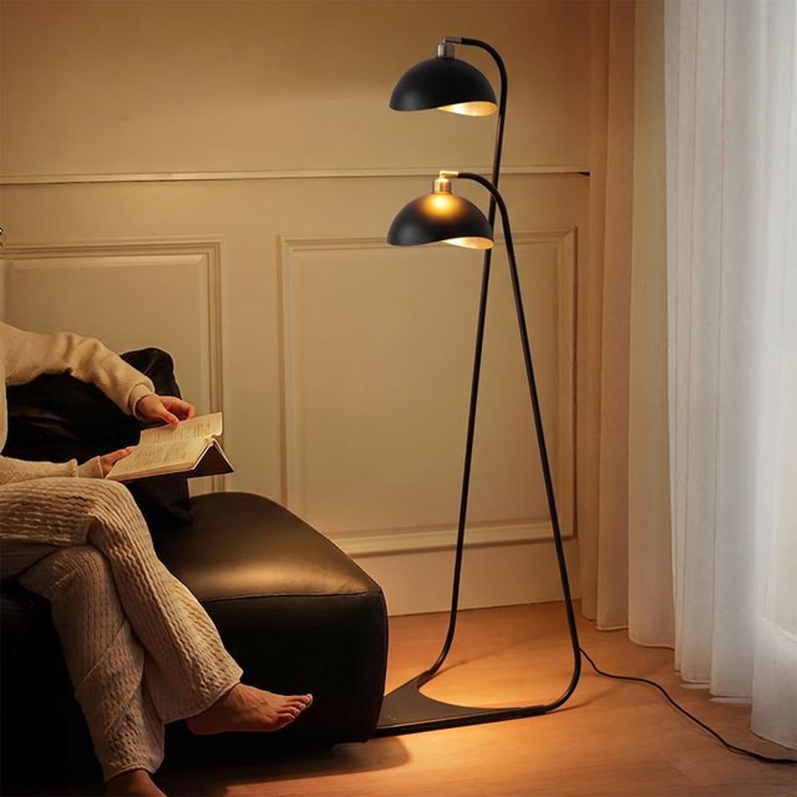 Nova California Luna Bella 60in 2-Light Floor Lamp | Mid-Century Modern Matte Black and Gold Leaf Metal Shade | Living Room & | Model 2011018WB
