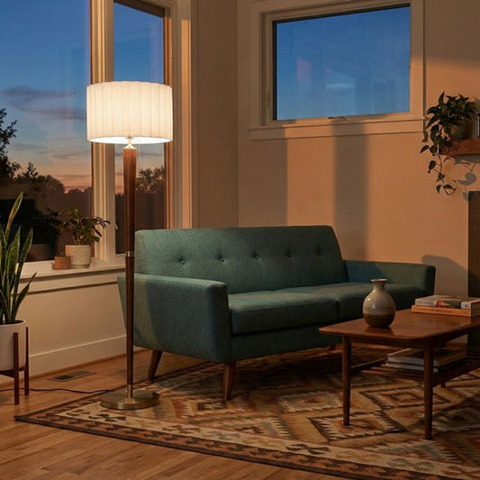 Nova California Scalloped 61in Floor Lamp | Mid-Century Weathered Brass and Walnut Wood with White Linen Shade | Living Room & | Model 2011802WB