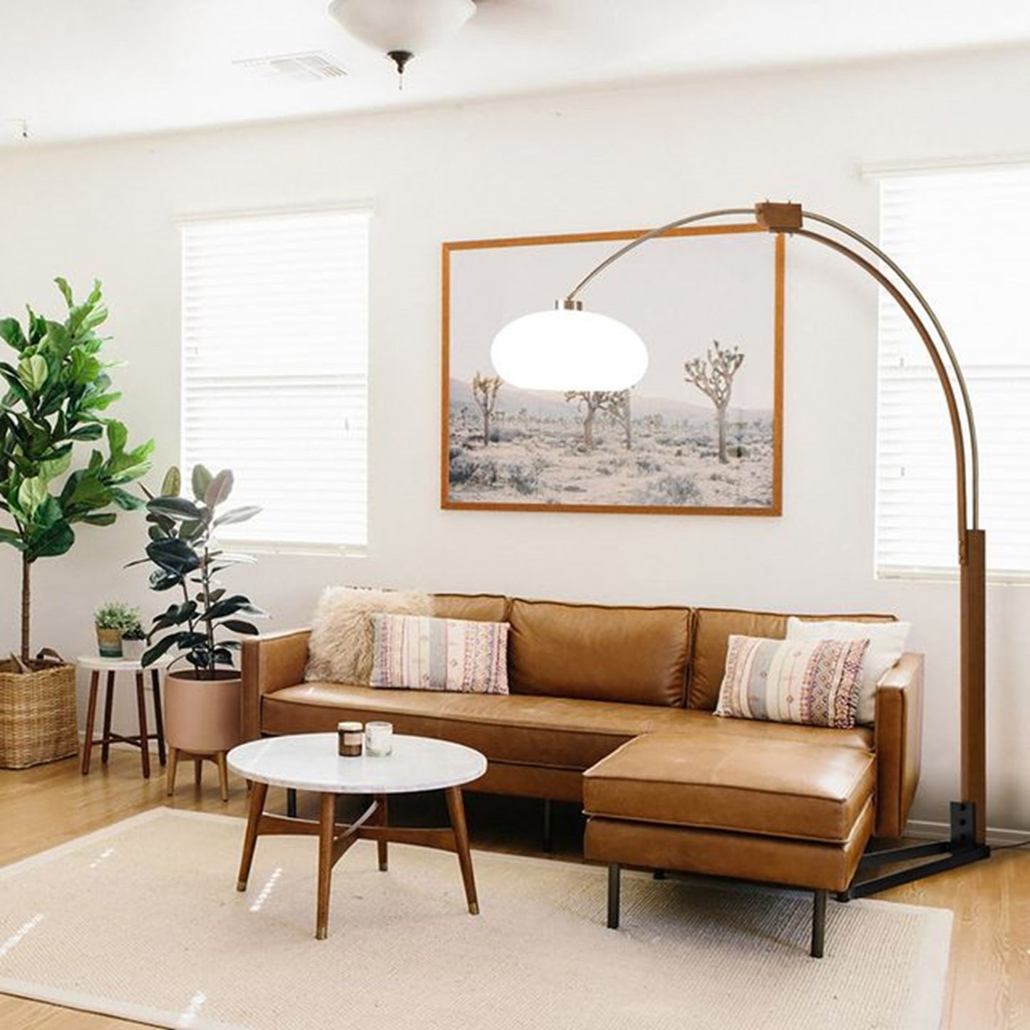 Nova California Morelli Arc Floor Lamp | Mid-Century Weathered Brass and Walnut Wood with White Lucite Shade | Living Room & | Model 2012201WB