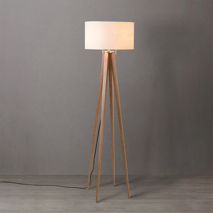 Nova California Quattro 61in 1-Light Floor Lamp | Mid-Century Natural Ash and Weathered Brass White Linen | Living Room & Bedroom | Model 20859LW