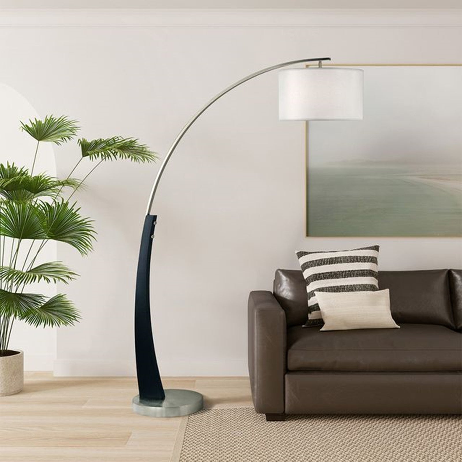 Nova California Plimpton 72in 1-Light Arc Floor Lamp | Mid-Century Espresso Wood and Brushed Nickel | Living Room Over Sectionals | Model 2110003A