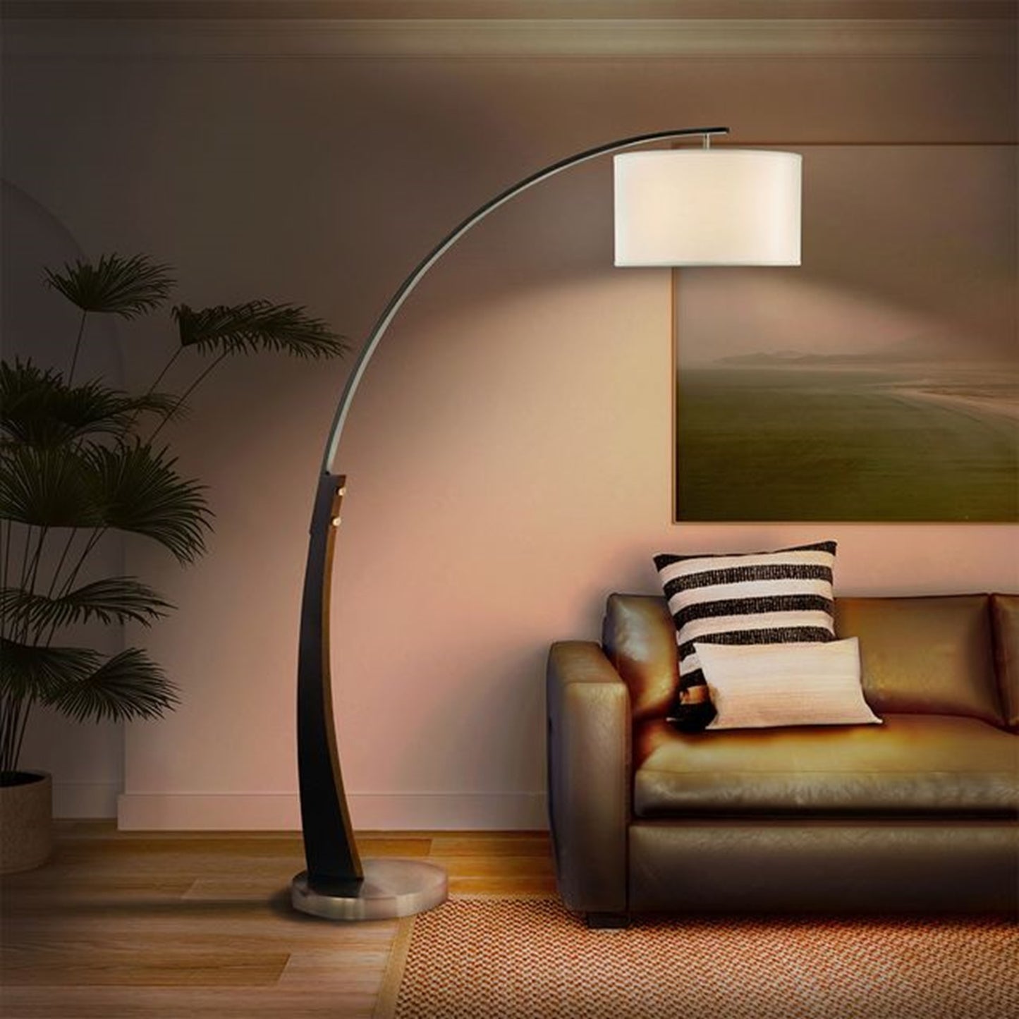 Nova California Plimpton 72in 1-Light Arc Floor Lamp | Mid-Century Espresso Wood and Brushed Nickel | Living Room Over Sectionals | Model 2110003A