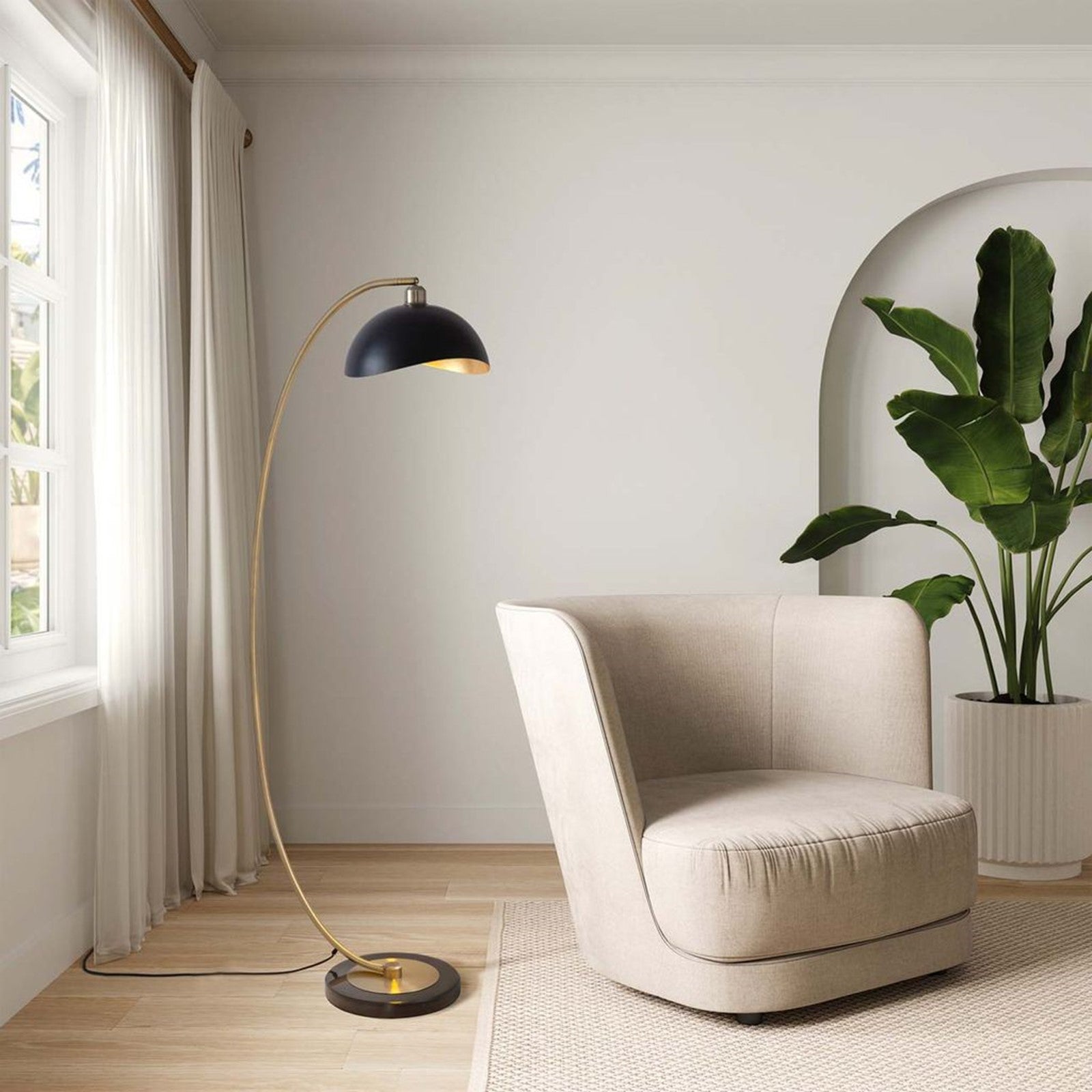 Nova California Luna Bella 24in 1-Light Chairside Arc Floor Lamp | Mid-Century Modern Weathered Brass Matte Black and Gold-Leaf | Model 2110744BG