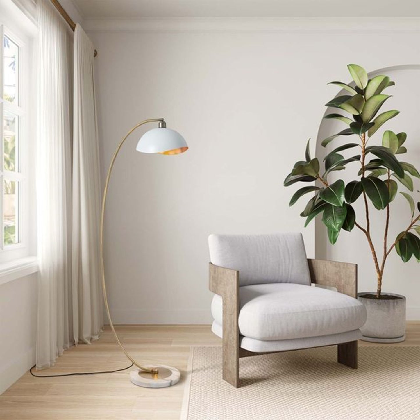 Nova California Luna Bella 24in 1-Light Chairside Arc Floor Lamp | Mid-Century Modern Weathered Brass White and Gold-Leaf Metal | Model 2110744WG