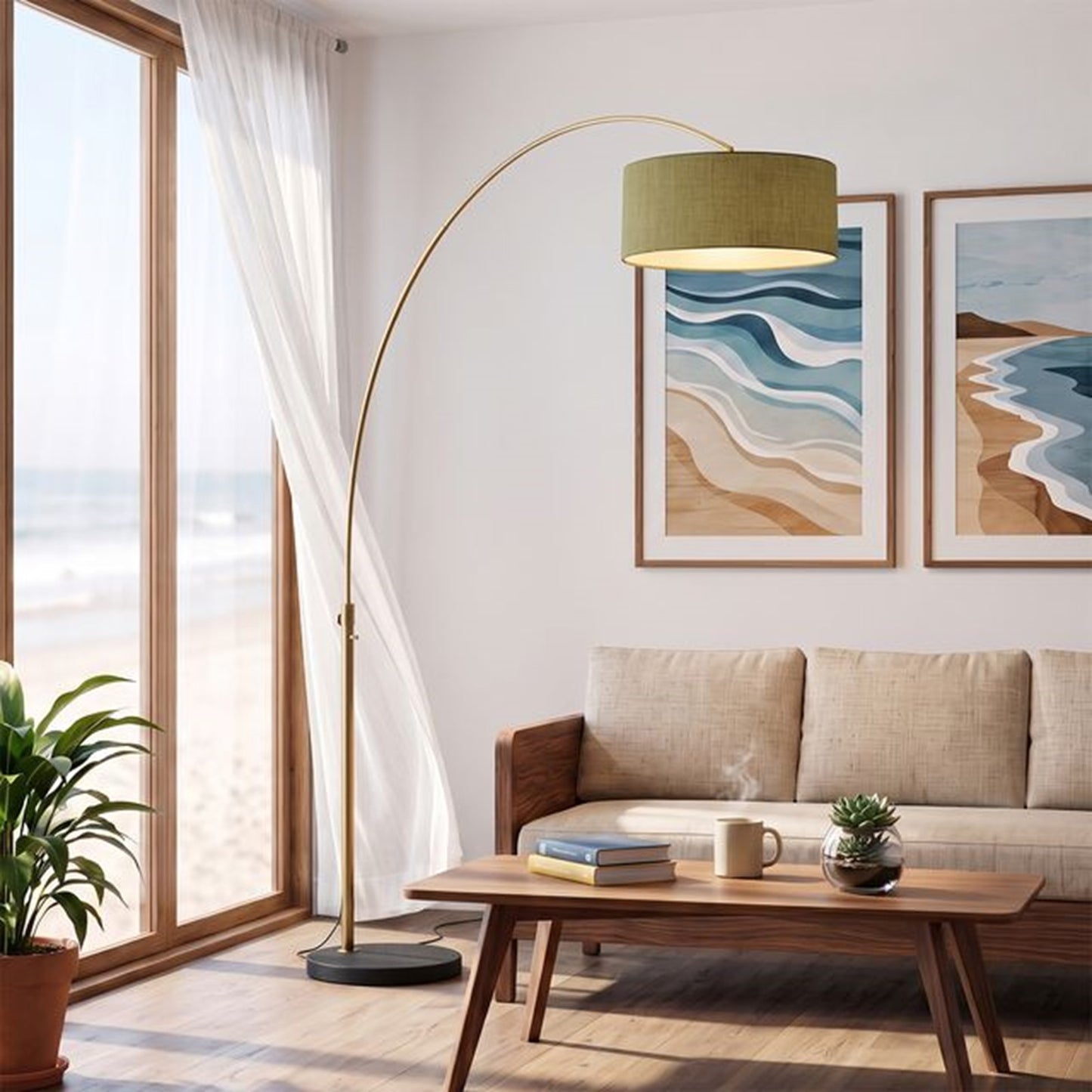 Nova California Float 92in 1-Light Arc Lamp | Industrial Weathered Brass and Avocado Linen Shade | Living Room & Bedroom | Model 2110818AV