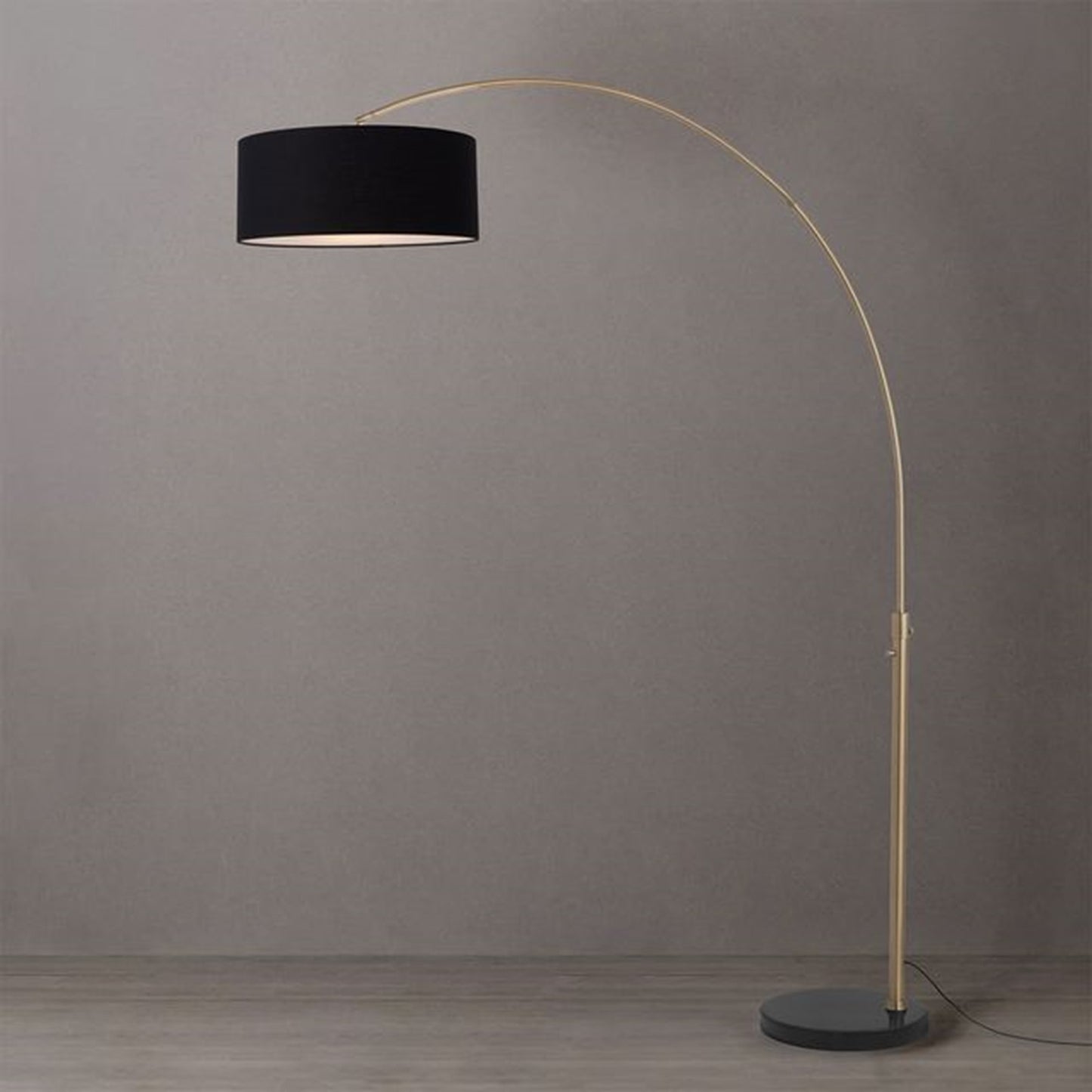 Nova California Float 92in 1-Light Arc Lamp | Industrial Weathered Brass and Black Linen Shade | Living Room & Bedroom | Model 2110818BK