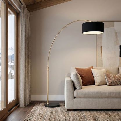 Nova California Float 92in 1-Light Arc Lamp | Industrial Weathered Brass and Black Linen Shade | Living Room & Bedroom | Model 2110818BK