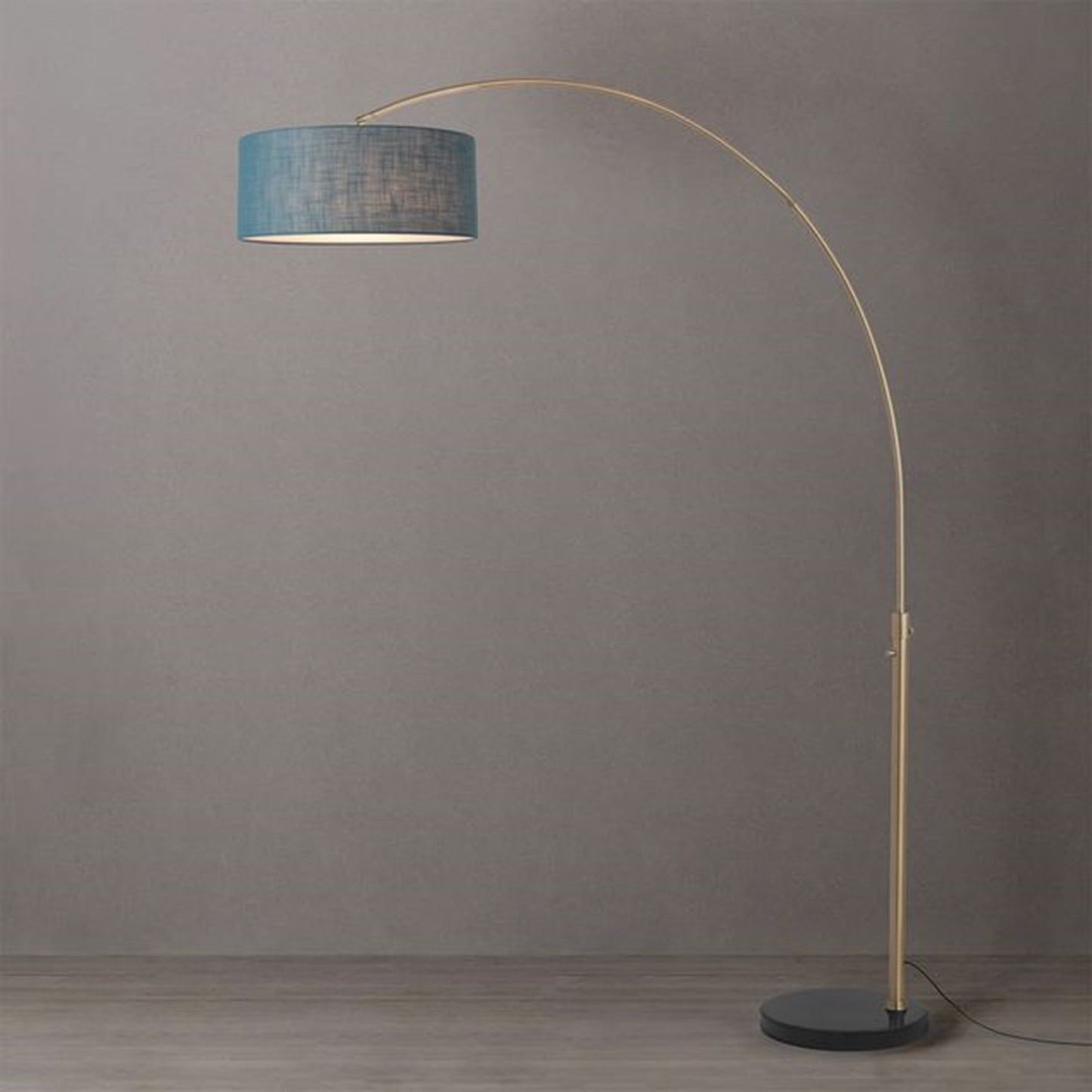 Nova California Float 92in 1-Light Arc Lamp | Industrial Weathered Brass and Pool Blue Linen Shade | Living Room & Bedroom | Model 2110818BL