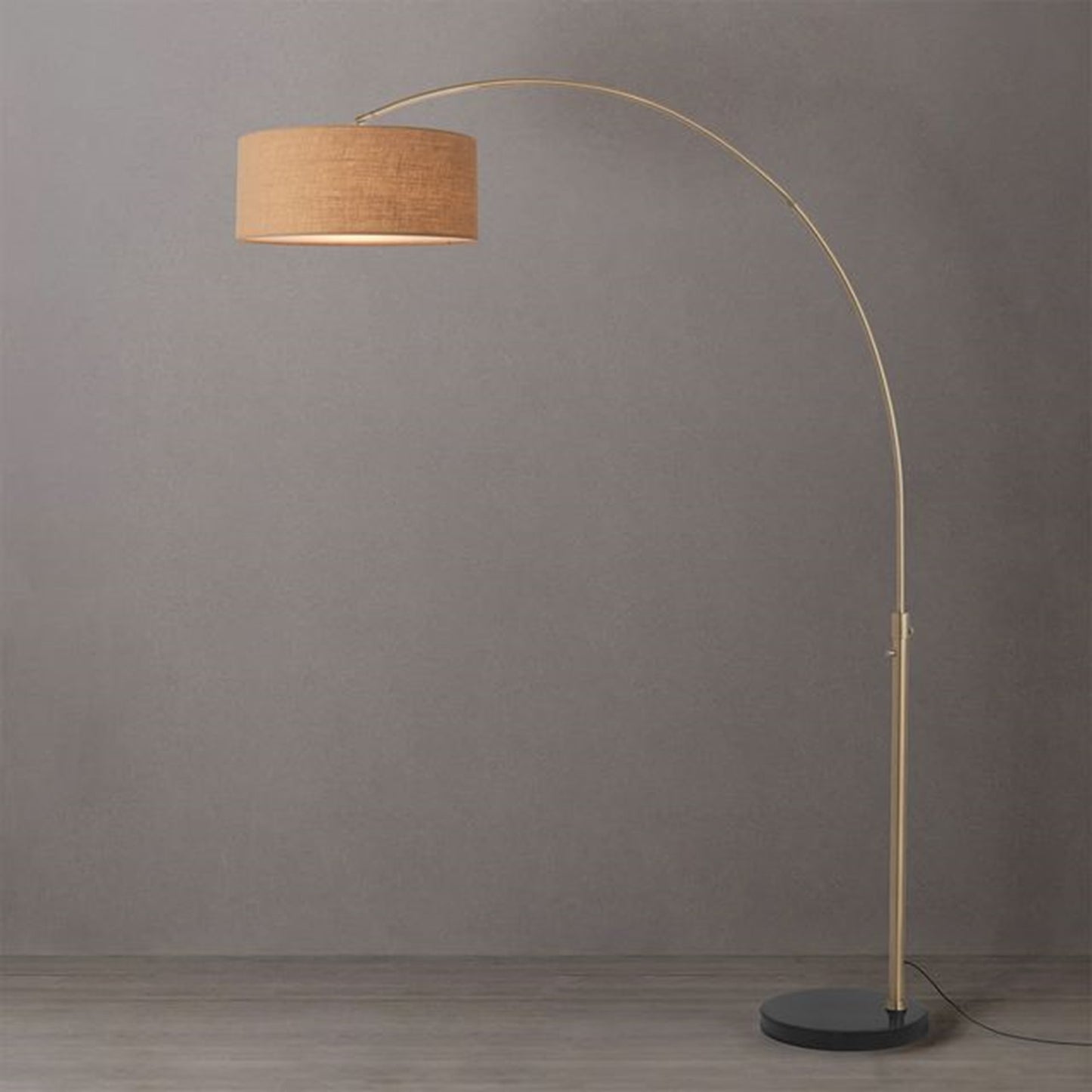 Nova California Float 92in 1-Light Arc Lamp | Modern Weathered Brass and Natural Burlap Linen Shade | Living Room & Bedroom | Model 2110818BU