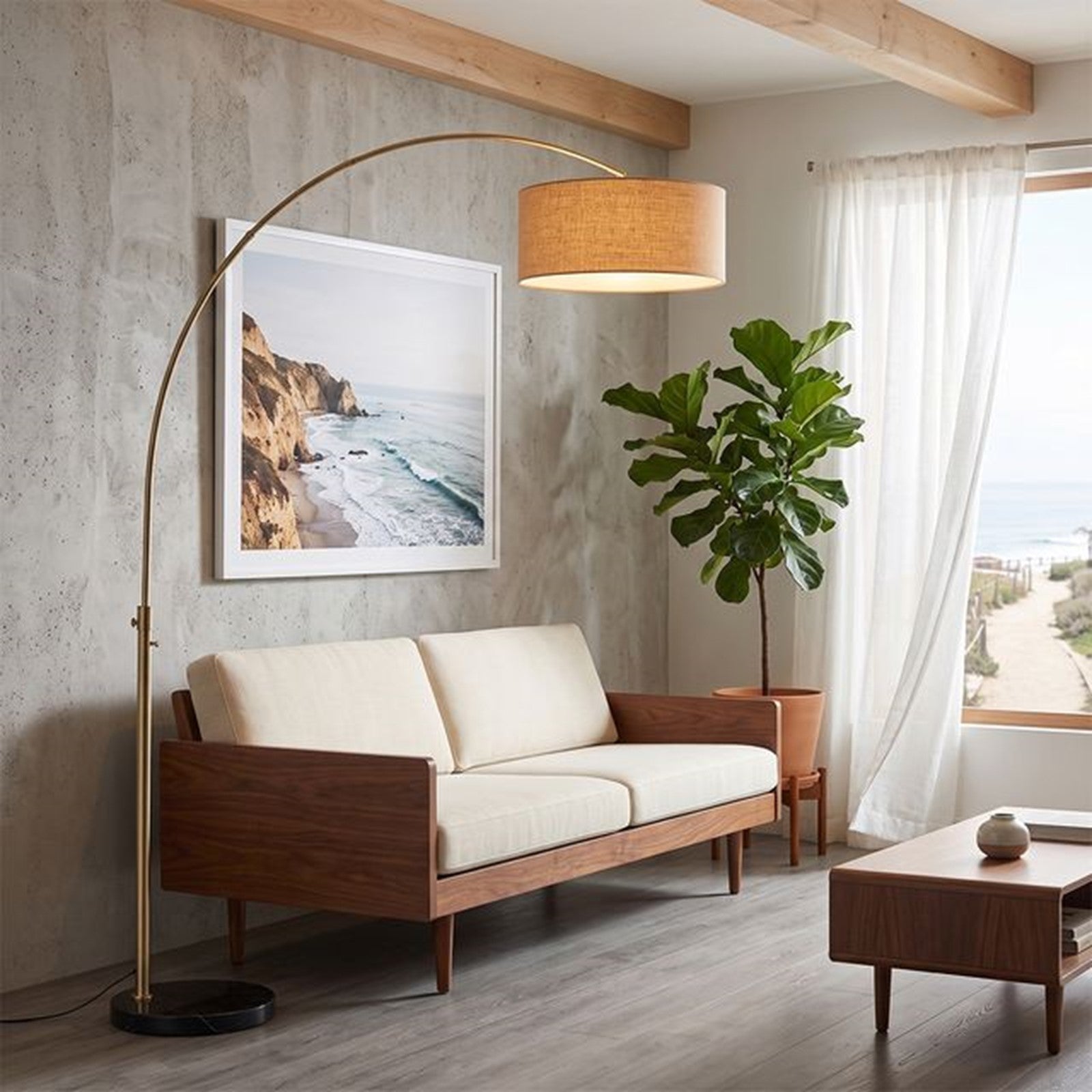 Nova California Float 92in 1-Light Arc Lamp | Modern Weathered Brass and Natural Burlap Linen Shade | Living Room & Bedroom | Model 2110818BU