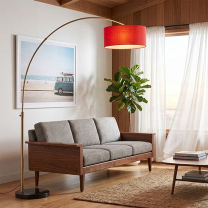 Nova California Float 92in 1-Light Arc Lamp | Industrial Weathered Brass and Crimson Red Linen Shade | Living Room & Bedroom | Model 2110818CR